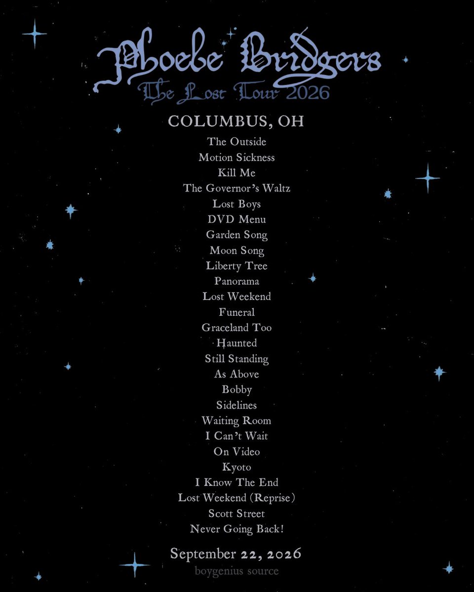 boygeniussource's tweet photo. Phoebe Bridgers setlist for The Lost Tour tonight in Columbus, OH at Nationwide Arena!

'Waiting Room' and 'On Video' were the surprise songs tonight. She also did the second verse of 'The Outside' instead of the first! https://t.co/nbf0MhcoMZ