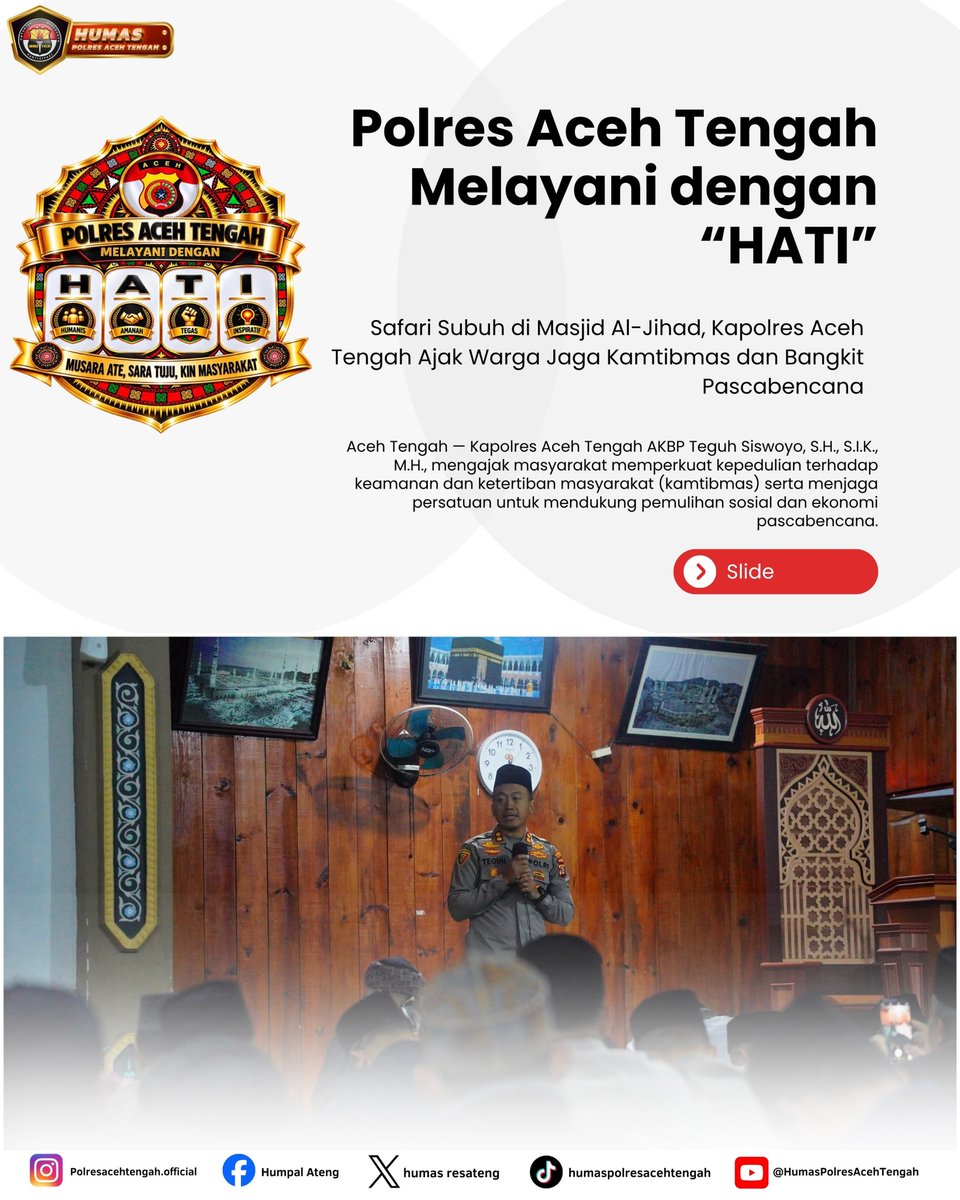 humas_resateng's tweet photo. Safari Subuh di Masjid Al-Jihad, Kapolres Aceh Tengah Ajak Warga Jaga Kamtibmas dan Bangkit Pascabencana

#poldaaceh #bidhumaspoldaaceh #polriuntukmasyarakat #polripresisi https://t.co/0kGLdqUD5R