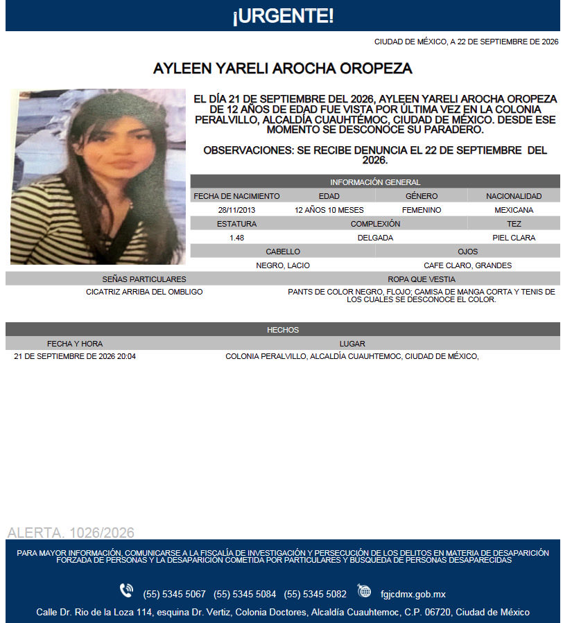 AAmberCDMX's tweet photo. Se activa #AlertaAmber para localizar a Ayleen Yareli Arocha Oropeza, de 12 años, vista por última vez el pasado 21 de septiembre, en la colonia Peralvillo, alcaldía Cuauhtémoc. https://t.co/1G2AXYdHn7