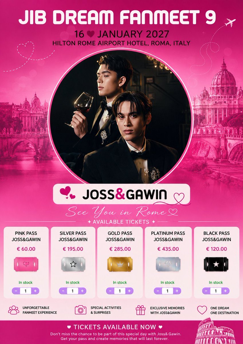 Ayyrs75's tweet photo. JG Europe Fam❤️

✨ JossGawin are coming to ROME! ✨

🇮🇹 JIB DREAM FANMEET 9 🇮🇹

📅 16 January 2027
📍 Hilton Rome Airport Hotel, Rome, Italy

🎟️ Tickets are on sale NOW! 
🔗 https://t.co/EGdYfAYTew

Don't miss your chance to meet Joss & Gawin in Rome, share unforgettable memories, and experience a day you'll cherish forever.

✨ Get your tickets now before they're gone! We can't wait to see you there! 🇮🇹✈️❤️

#JossGawin 
#JossGawin1stFMinRome