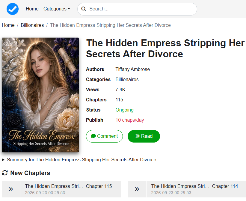 ExpReader's tweet photo. The Hidden Empress Stripping Her Secrets After Divorce novel read:
by: Tiffany Ambrose
CP: Evelyn Sullivan and Christian
Read FULL chapter: https://t.co/tJ1hSvfw8W https://t.co/e6GFEPScqo