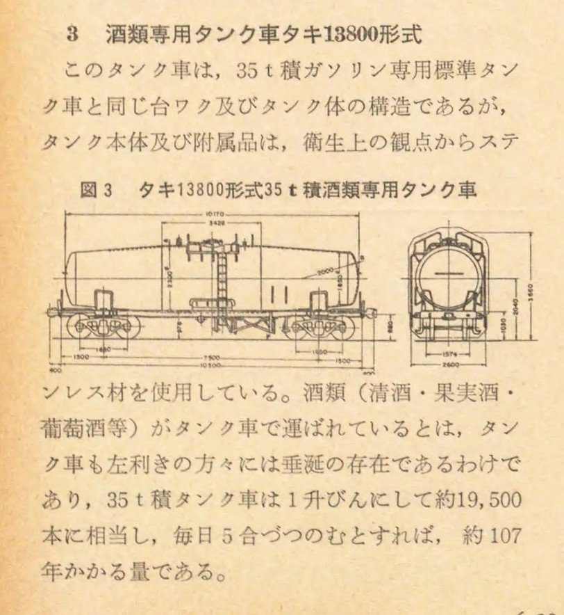_ARTN_'s tweet photo. 酒類専用のタキ13800、当時の実質的な国鉄の内部誌でも「左利きの方々には垂涎の存在」「1升びんして約19500本に相当し、毎日5合づつのむとすれば、約107年かかる量」と他の形式の項にはないウキウキなノリの解説が付いている

中野 四郎（1973）「私有貨車アラカルト」『鉄道工場』24-3,pp.19-22.より https://t.co/Aa3nZB2Hbt