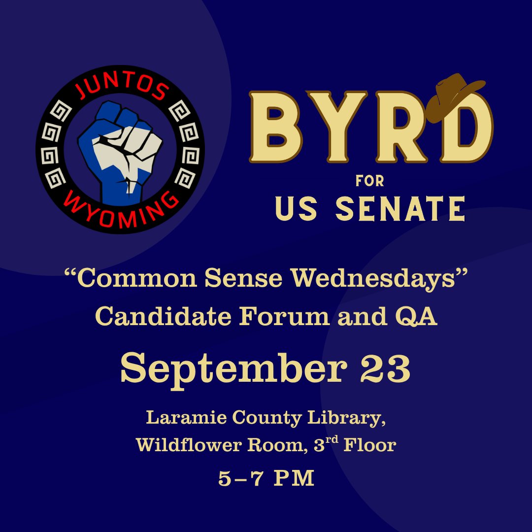 ByrdforSenate's tweet photo. Cheyenne, see you Wednesday! I'm joining Rachel Martinez of Juntos Wyoming at Common Sense Wednesdays for a forum and Q&amp;A. Bring your questions.

📍 Laramie County Library, Wildflower Room, 3rd floor
🗓 Wed., Sept. 23, 5–7 PM

Free and open to all.

#byrdforsenate https://t.co/cgUlIHn3sF