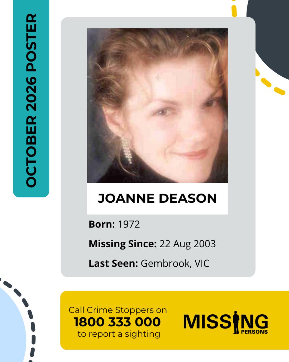 AFPNMPCC's tweet photo. On 22 August 2003 Joanne Gaye Deason left a note for her boyfriend stating she was going to school and would be home in the evening. Police inquiries show that Joanne never arrived at school. If you have information that may assist police to locate Joanne, call Crime Stoppers. https://t.co/TReHCGesZW