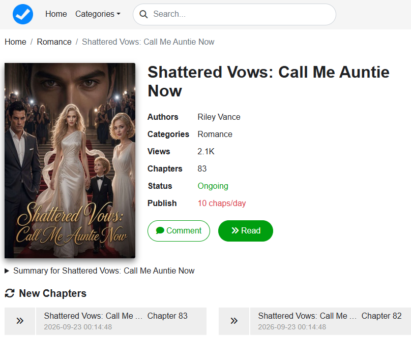ExpReader's tweet photo. Shattered Vows Call Me Auntie Now novel read online Free PDF:
By: Riley Vance
CP: Quinn Yates and Dante Hayes
Read FULL chapter: https://t.co/R2hR1cSAjg https://t.co/ynfz7naFaV