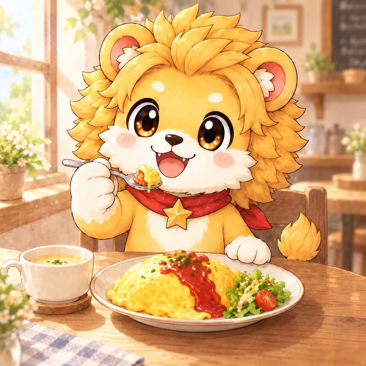 AALstudio2026's tweet photo. レオ君の昼ごはんは、オムライス。
おいしそー🥰

珍しく一発で成功したと思ったら、脇の下から、タテガミがボーボーでした。
こちらは修正版

Illustration: Made with ChatGPT
Created by Astronomy Arts Lab https://t.co/C9pkjxknkq