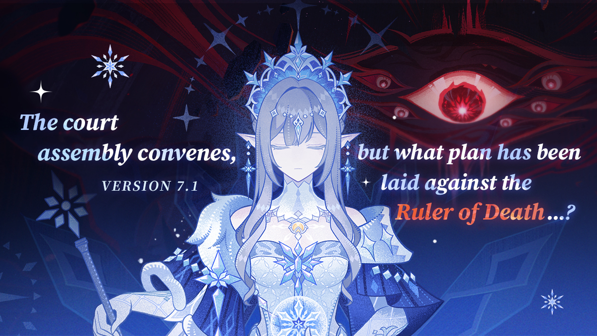 GenshinImpact's tweet photo. The court assembly convenes — but what plan has been laid against the Ruler of Death...?
#StoriesofFrostSnow #GenshinSnezhnaya #GenshinImpact 

Project Stuzha has been suspended, and unease grips the people... The dawn of Snezhnaya remains sealed away beneath an endless veil of snow and storm.
Yet even the curse of "Death" cannot deter Snezhnaya from its resolve to defy the Heavenly Principles.
There is no path but forward, until the dark clouds shrouding the heavens have finally dispersed...