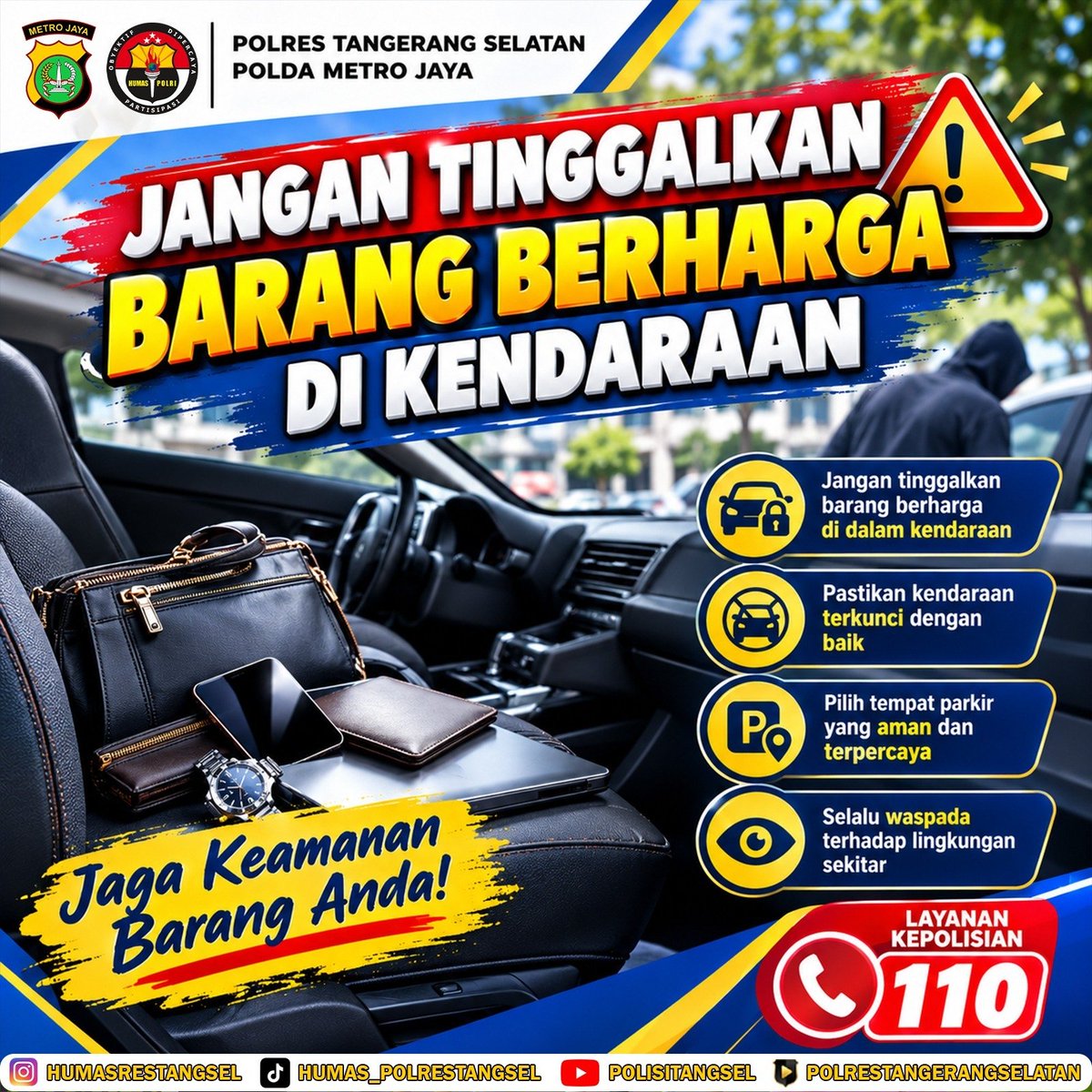 Aren_Sector's tweet photo. 🚨 JANGAN TINGGALKAN BARANG BERHARGA DI KENDARAAN! 🚗🔐

👀 Waspada, lengah sesaat bisa menjadi kesempatan bagi pelaku.
📞 Jika menemukan hal mencurigakan, segera hubungi Layanan Kepolisian 110.

#PolresTangsel #PolresTangerangSelatan #KeamananBersama #Waspada #CegahKejahatan https://t.co/eaQuCjMEKK