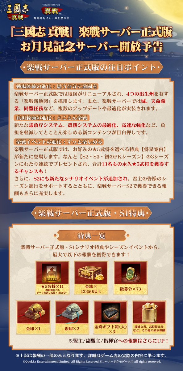 ShinSen_SGS's tweet photo. /
#新S1楽戦サーバー正式版
🌕お月見記念サーバーS667🌕
9月26日（土）に開放！
\

⏰サーバー予約は9月24日（木）16:00よりスタート！

🌕お月見記念サーバーでは、楽戦サーバー正式版のすべてのイベントに加え、豪華報酬が盛りだくさん‼️
実物プレゼント #北海道海鮮料理セット、周瑜「#顧曲周郎」イメージ、#公式記念資源土地ミニチュア、公式グッズ「#リストレスト」 が当たる抽選イベントも開催いたします✨

下記3名のお試し武将の中から1名を選び、S1全体でお試し使用することができます（S1終了後に回収）
⭐️SP盧植、陸遜、魏延⭐️

📢【闘志継承】イベント 新S1で常設化！
14日以上未ログイン、かつ【闘志継承】イベントの参加条件を満たした復帰君主様は、新S1サーバーの開放から10日以内に��ャラクターを作成すると、過去最高勢力値・累計チャージ額・同盟管理日数に応じた金銖報酬（最低2500金銖、最大62500金銖）を獲得できます🤩
▼詳細は過去に開催された【闘志継承】イベントの案内をご参照ください（ルールの変更はございません）
https://t.co/eZrrwMX8o8

新S1がさらにアップグレード🥳
✅新たな「東西陣営対抗戦」開放
✅「初心者ガイド」登場
▼詳細はこちら
https://t.co/TPzpguX9Oo

💎楽戦サーバー正式版にたくさんのイベントと豪華特典をご用意しました
参加すると★5武将×11、徴募令×73、金印×1、銀印×2、金銖×13350、金銖ギフト箱（大）×3など
嬉しい特典が盛りだくさん！
🌟さらに「#三國志」シリーズ40周年記念イベントに参加すると【#40周年記念武将呂布×1】と【#貂蝉イメージ】を獲得できます！

💰【RPキャンペーン】
◆ 抽選で1名様に #Amazonギフトカード 1000円分を贈呈！
◆ フォロー＆リポスト必須

🎁【SNS任務特典】
◆ 当ポストのコメント欄に、作成予定のキャラクター名と「参加します」の一言を書いて投稿し、���ーバー開放後の3日以内に当該キャラクターを作成した方から抽選で20名様に金銖×200を贈呈！

#三國志真戦