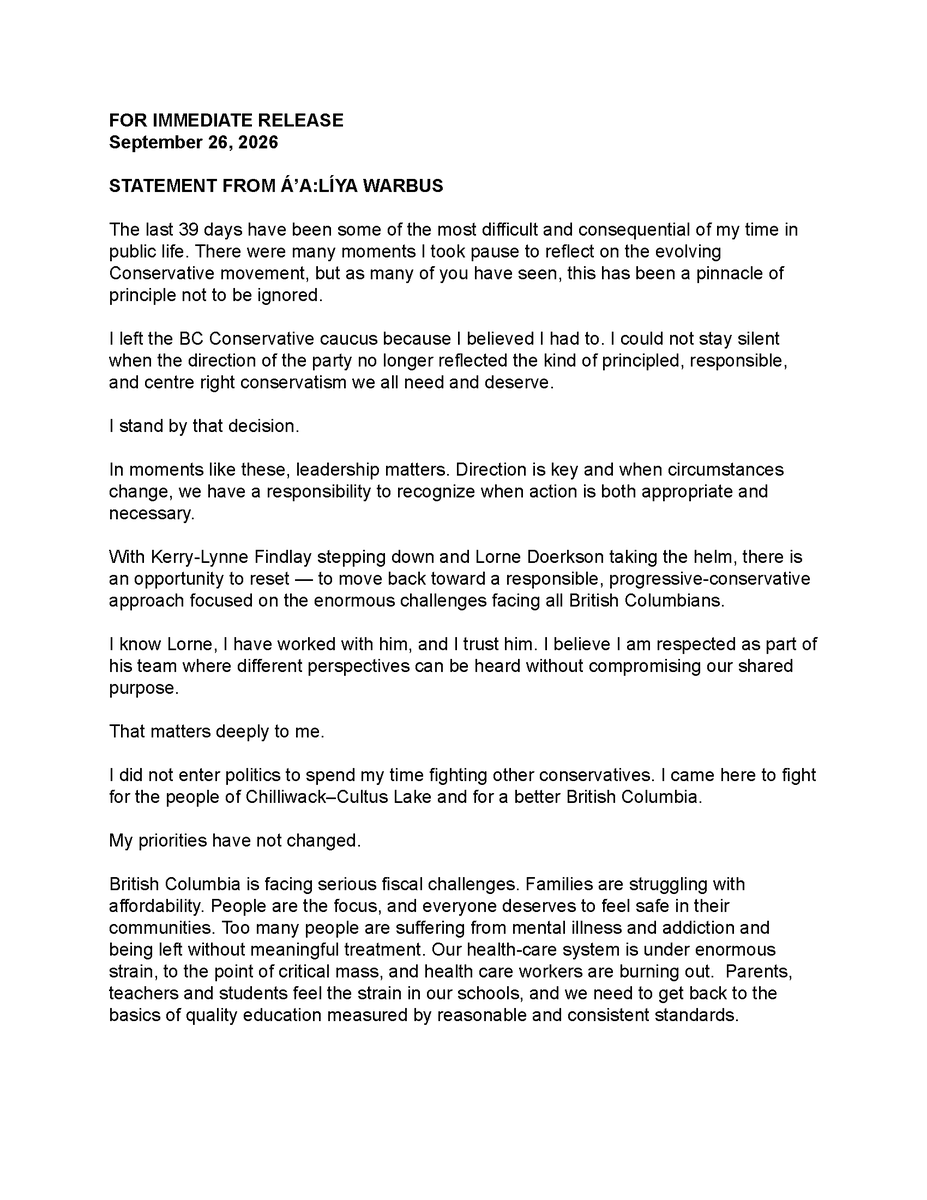 a_warbus's tweet photo. Please see my statement below.  In a time of division, we must choose to rally around one message:  British Columbians deserve a government that will hear us, act decisively, and turn our province around. https://t.co/Rp0FAGLtgx