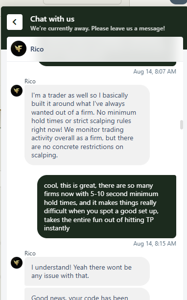 GigaXtrader's tweet photo. @flicapital @RicosWay @FPFX 

$60000 in profit wiped..🚨
I hate to make this post but i do not have a choice. I started trading at @flicapital in August because they offered a ruleset that appealed to my trading style. I size heavy and I do not always hold my trades for very long. This is occasionally an issue at various prop firms and these firms add scaling rules to their plans and minimum trade hold times. And that is fine, however before I started trading with @flicapital I reached out to their support and ask if this trading style is an issue, to which @RicosWay replied and said "There wont be any issues with that" Screenshot below.

Today i get an email saying my accounts have been manually terminated, after reaching out to @flicapital support Rico informed me that He along with his risk team have identified trading activity that they do not allow, Mainly repeated max position entries and short hold times, or scalps as we traders refer to these. The problem is that this is exactly how I traded other accounts at @flicapital and my payouts have been approved, around 9k worth of. Now for some reason after building a large balance across 3 150k accounts, a balance of 170k, so 20k in profit, and 3 days away from a minimum 28k payout request...now my trading style is an issue... 

I was very much looking forward to my hard earned payout, I played by the rules and @flicapital decided to terminate my accounts after i got the to high balances,  the best trading I have legitimately ever done, and it all got taken away from me.

Shame on you guys....make it right, reinstate my progress and hold up your end of the deal.