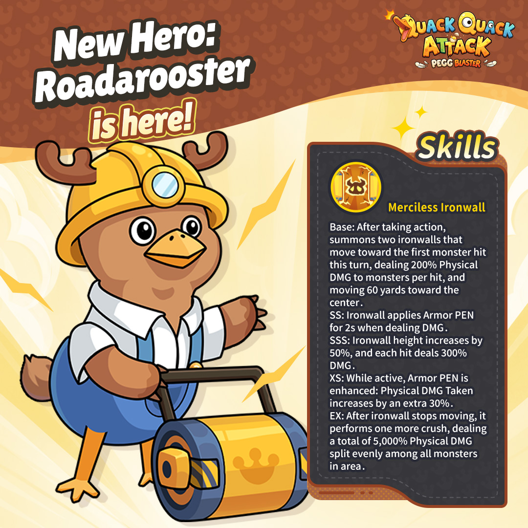 QuackAttackEN's tweet photo. #QuackQuackAttack
Welcome our new companions joining the battle in the new version! Roadarooster makes a shiny debut and officially joins the prize pool! Skylark is also about to join the Challenge, and brand new battle Skills are waiting for you to explore!
One suppresses with Ironwall, while the other relies on mechanism Pursuit. Who will you choose? Go try them out in the game now!