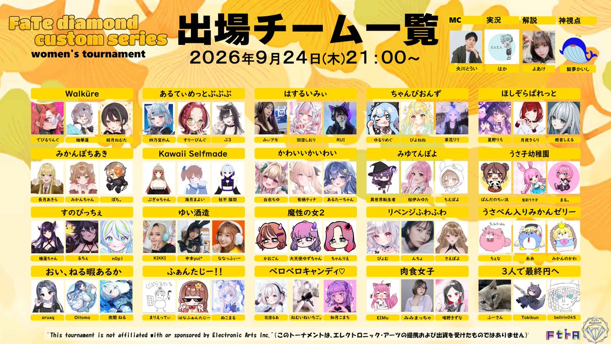 FaTe_diamond_'s tweet photo. FaTe diamond Custom Series
Women’s Tournament
#FdWT #女性限定カスタム #APEXカスタム
9/24、開幕。
勝つために、何を選ぶのか。
そして、何を捨てられるのか。
試合を重ねるたび、
戦場からレジェンドが姿を消していく。
信じてきた構成。
磨き上げてきた戦術。
勝利へ導いてきた、チームの切り札。
そのすべてが、
最後まで残されているとは限らない。
変化を受け入れるのか。
自分たちの形を貫くのか。
それとも、勝つために作り変えるのか。
迎える最終マッチ
残されたレジェンドは、わずか5人。
限られた選択肢の中で、
勝利をその手に掴むのは、どのチームか。
優勝チームには、
その証として「神戸牛」を贈呈。
【本配信】20:25〜(10分ディレイ)
【第1試合】21:00〜 START
本配信
https://t.co/McnQf9cwq2