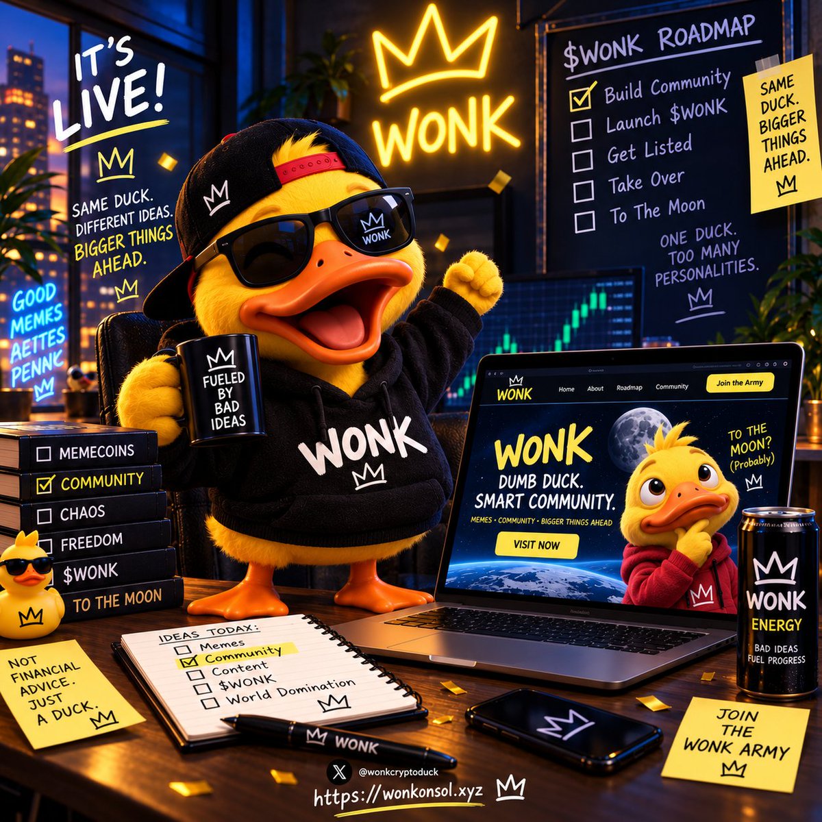 wonkcryptoduck's tweet photo. IT’S LIVE. 🦆

Wonk has a website.
somehow they let the duck on the internet.

https://t.co/G4uw4K4isi

same duck.
different ideas.
bigger things ahead.

QUACK QUACK.
(that means he’s happy)

follow @wonkcryptoduck
reply 🦆 if you’re joining the Wonk Army.
$WONK https://t.co/eoCIqIjSpK