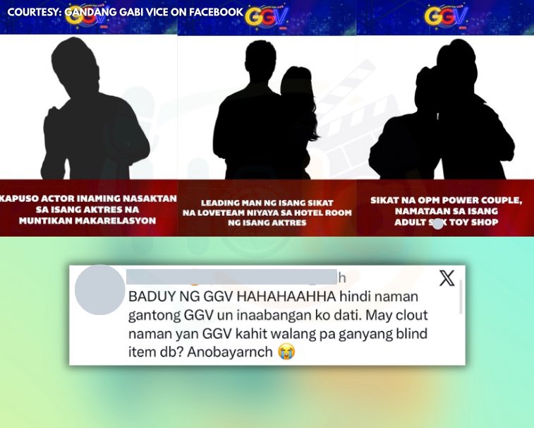 holaphofficial's tweet photo. ‘MAY CLOUT NAMAN YAN GGV KAHIT WALANG PA GANYANG BLIND ITEM’

Netizen, hindi like ang pa-blind items ngayon sa magiging guest sa GGV. https://t.co/GaEwPk5ygI