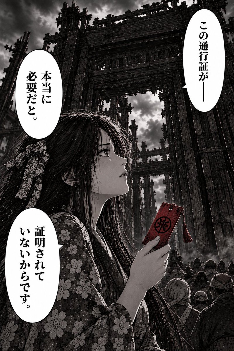 EEE28978614's tweet photo. 【文豪裁判｜第2話 名場面】

「この通行証が――
本当に必要だと。
証明されていないからです。」
全員が「必要だ」と信じている。
だからこそ、晶子は疑う。
あなたなら――
通行証を信じますか？

#文豪裁判 #創作漫画 #芥川龍之介 https://t.co/nWuqcjFglO