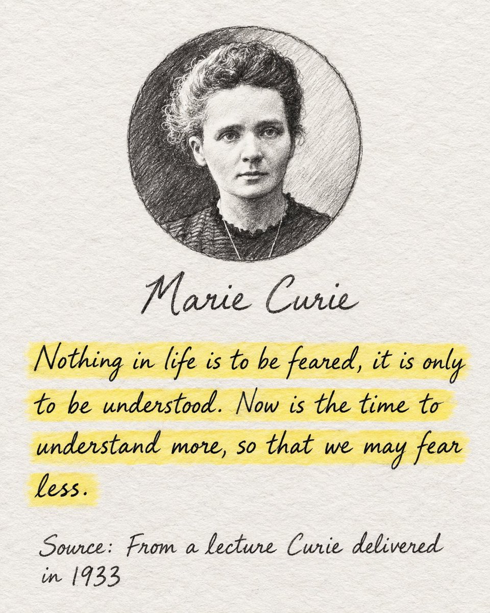 Math_files's tweet photo. Marie Curie’s words still carry scientific wisdom. Fear often grows where understanding is absent. 

The proper response to uncertainty is not panic, but deeper study, clearer thinking, and patient inquiry. 

Science does not remove every difficulty, but it helps us face reality with greater clarity and less fear. That is why the pursuit of knowledge remains one of the most human and necessary tasks.