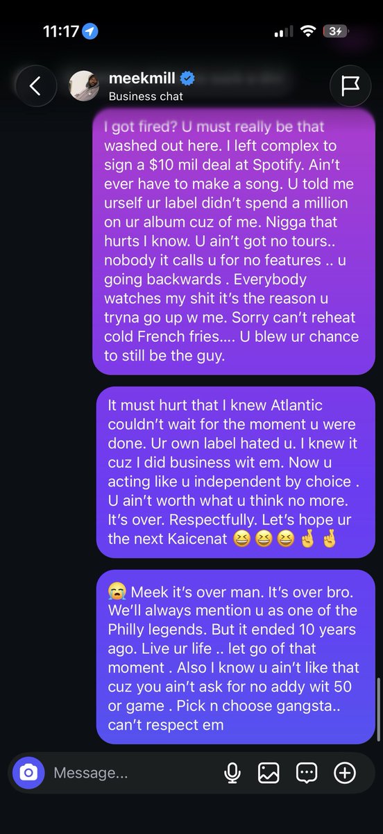 Akademiks's tweet photo. Damn yall.. meek mill blocked me off instagram and deleted all the messages of him threating me  .. he left the other ones tho lol. Lmao. The 120 days window countdown is on . My boy covering his tracks I respect it. 😭😭😭😭😭😭😭😭😭😭😭😭😭😭😭😭😭😭😭😭😭😭😭😭😭😭😭😭😭 https://t.co/LBoVxWOKXf