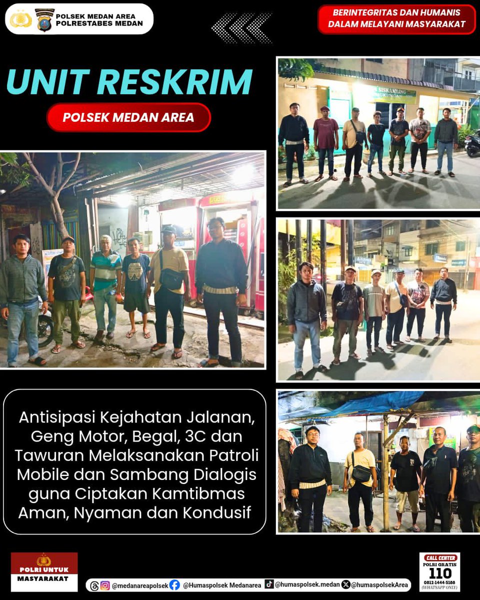 humaspolsekArea's tweet photo. Medan-Antisipasi Guantibmas kejahatan jalanan,3C dll, Unit Reskrim Polsek Medan Area patroli dialogis mobile & Sambamg ke masyarakat (23-9-26)
#Patrolidialogissambang
#Integritasdanhumanisdalammelayanimasyarakat
#PolriUntukMasyarakatCallCenter110
#Collabs
Akpol2013MedanAman https://t.co/6KeJE8giOM