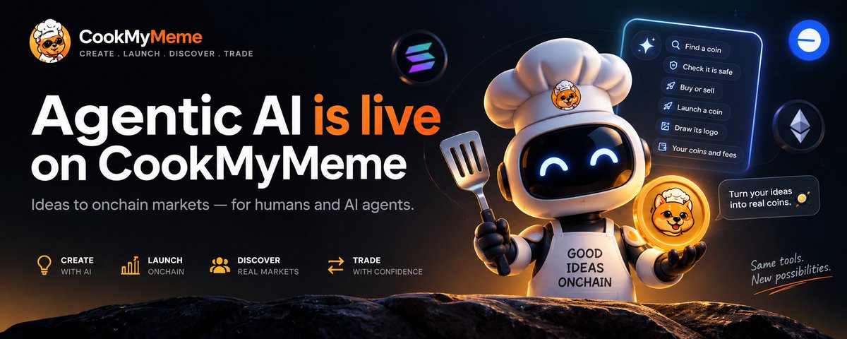 Agentic AI is live on CookMyMeme. 🤖🍳 Find coins. Check markets. Draft launches. Generate logos. Build trades. And…