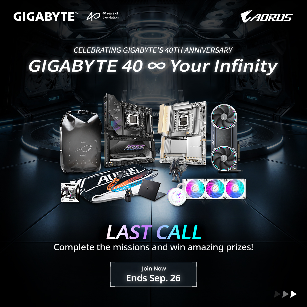 AorusOfficial's tweet photo. GIGABYTE 40 ∞ Your Infinity ♾️
⏰ Last Call! Ends Sep. 26
Complete the missions for a chance to win incredible prizes!

🏆 Prizes
🟠AORUS GeForce RTX™ 5090 INFINITY 32G - 1 Winner
🟠X870 AORUS INFINITY - 1 Winner
🟠X870E AERO X3D WOOD - 1 Winner
🟠AORUS WATERFORCE X II 360 ICE - 3 Winners
🟠40th Anniversary Gift Pack - 5 Winners

Which prize would you take home? 🏆
💬 Drop your dream prize in the comments!

👉 Link in bio to join the challenge.
https://t.co/GqgdXVj832
#GIGABYTE40INFINITY