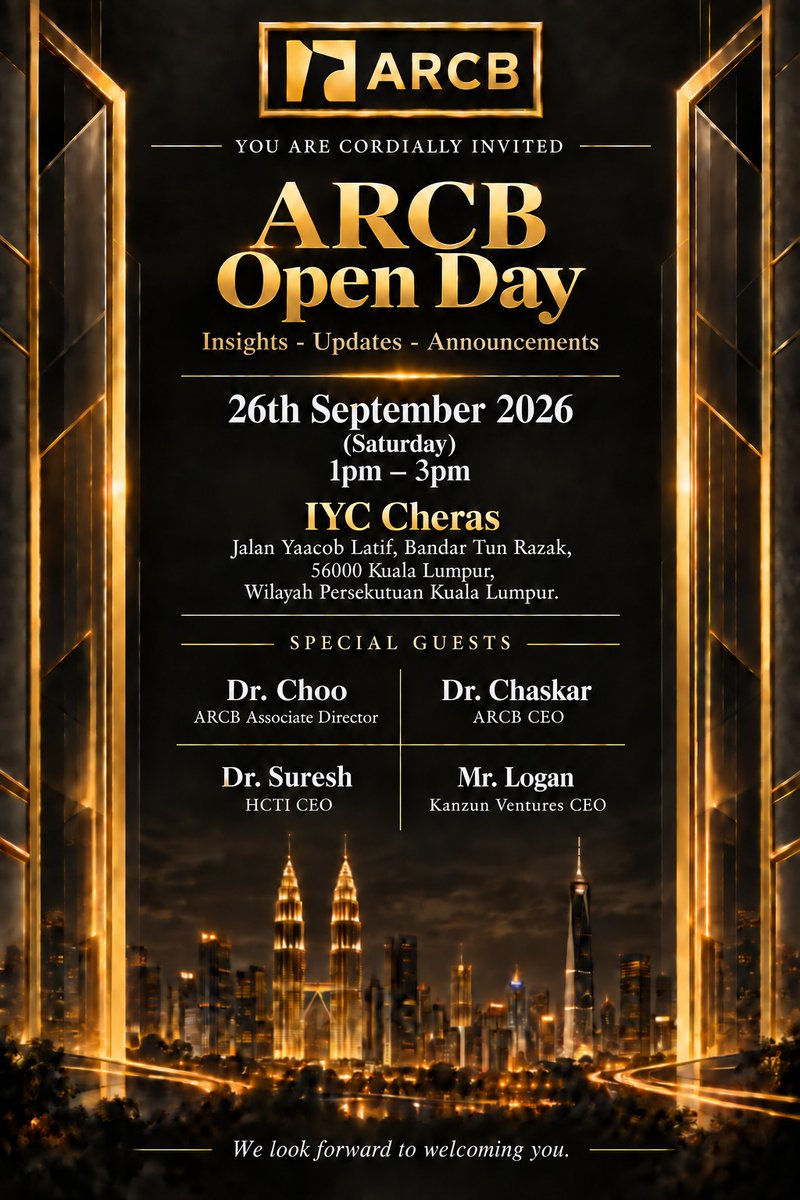 ARCB_DS's tweet photo. You’re Invited to ARCB Open Day!

Join us for an afternoon for insights, updates & announcements with the ARCB team along with our partners; Kanzun Ventures & Healthcare Triangle.

Date : 26 Sept. 2026 (Saturday)
Time : 1:00 PM – 3:00 PM
Venue : IYC Cheras
International Youth Centre, Jalan Yaacob Latif, Kuala Lumpur, Wilayah Persekutuan Kuala Lumpur
https://t.co/xsQslduAEA

🔹 Get to fully understand about ARCB Group and our investment partners of KANZUN & Healthcare Triangle.
🔹 Explore the global KANZUN-ARCB Growth Fund and be a part of it.
🔹 Discover ARCB Digital Share and how is it revolutionise digital finance ecosystem.
🔹 Meet the real people behind this global strong impact project & we are inviting partnerships to be part of it.

We look forward to welcoming you!
