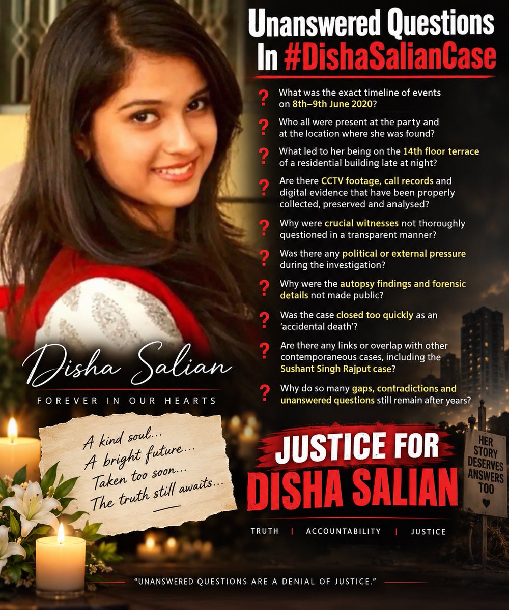 itshsk015's tweet photo. Unanswered Questions In #DishaSalianCase 

Disha Salian’s death must be examined fairly, transparently and impartially.

The Bombay High Court has itself raised specific questions concerning the earlier investigation, including the timing of the spot panchnama, the presence of police personnel before the recorded time of death, discrepancies concerning injuries and blood evidence, the bedroom door, FSL documentation, seizure records and the delayed seizure of digital devices. (The Indian Express)

These issues do not by themselves establish foul play. But they raise a fundamental investigative question: 

Were these procedural and evidentiary discrepancies fully explained, independently verified and reconciled before the earlier case was closed?

Mumbai Police had previously concluded that it found no evidence of foul play, while a later SIT also did not proceed further. (The Indian Express) 

The Bombay High Court subsequently directed the CBI to register an FIR and investigate the matter. (The Indian Express)

So the demand is simple: 

examine every discrepancy through evidence, establish the complete chronology, verify the forensic and digital record, and let the evidence determine what actually happened.
@CBIHeadquarters 

#DishaSalian #Justice4Disha #DishaSalianCase #CBI #Investigation