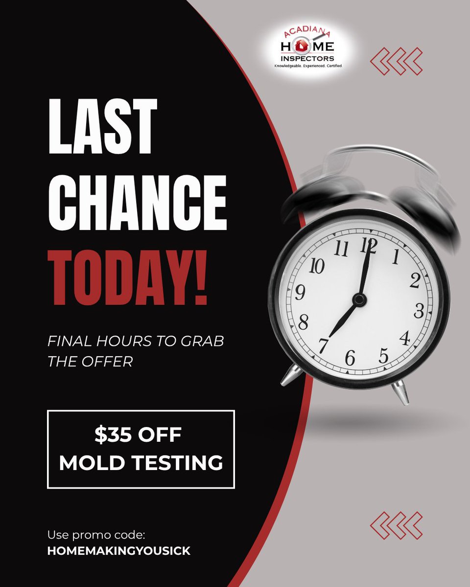 AcadianaHI's tweet photo. 🚨 Last day! 🏡 Get $35 OFF Mold Testing with Acadiana Home Inspectors. Use code HOMEMAKINGYOUSICK when scheduling today. Offer ends Sept. 30. Call (337) 326-5772 to schedule. #MoldTesting #IndoorAirQuality #LafayetteLA https://t.co/Pv6ZWHr86W
