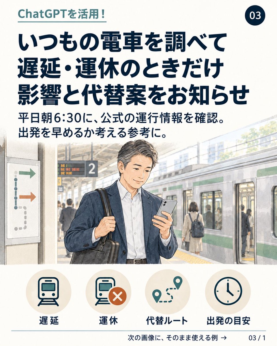 GPT_JAPAN_lab's tweet photo. いつもの電車、今朝は大丈夫？
平日朝に公式運行情報を確認し、遅延・運休がある場合だけ影響や代替案をまとめるようChatGPTに依頼。例は2枚目へ。
※定時確認。出発前は公式情報へ。通知は設定によります。
#ChatGPT活用 #通勤 https://t.co/MsCEOPPVMp