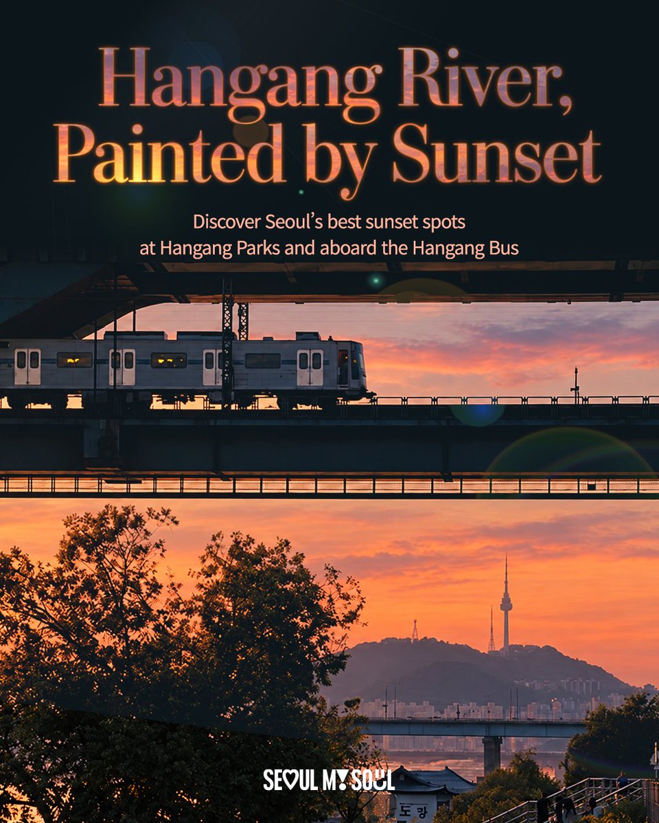 Seoul_gov's tweet photo. 🌇 Sunset by the Hangang River

From Yeouido and Banpo to Jamsil, discover some of Seoul’s best sunset spots 💫

🚢 Enjoy the view from a Hangang park or the Hangang Bus.

🌅 Best time
Sep. 18:00–18:30
Oct. 17:00–18:00
https://t.co/rT6tQ0sN5V https://t.co/TsPE1c9n3Q