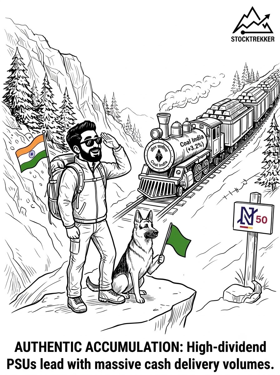 stocktrekker's tweet photo. Coal India didn't just climb on retail F&amp;O churn—it chugged up the mountain powered by heavy institutional cash delivery. When institutions move into PSUs with double-digit dividend yields and deep moats, they take physical delivery.

#SmartMoney #ValueInvesting #StockMarketIndia https://t.co/P6c9eQuTCt