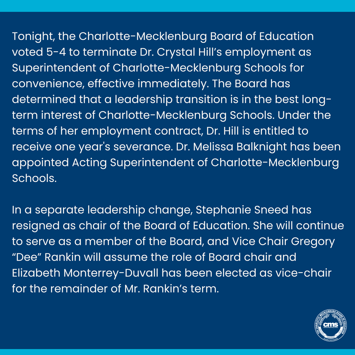 CMSboard's tweet photo. Important updates from tonight’s Board of Education meeting regarding leadership transitions within Charlotte-Mecklenburg Schools. https://t.co/iMxGrXeOZR