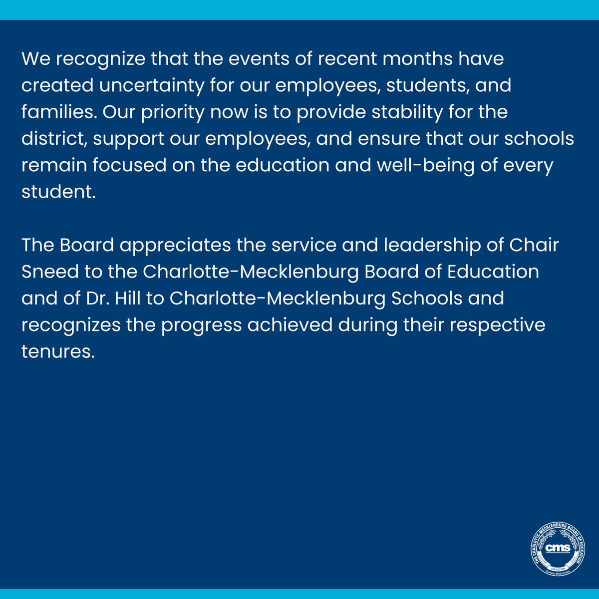 CMSboard's tweet photo. Important updates from tonight’s Board of Education meeting regarding leadership transitions within Charlotte-Mecklenburg Schools. https://t.co/iMxGrXeOZR