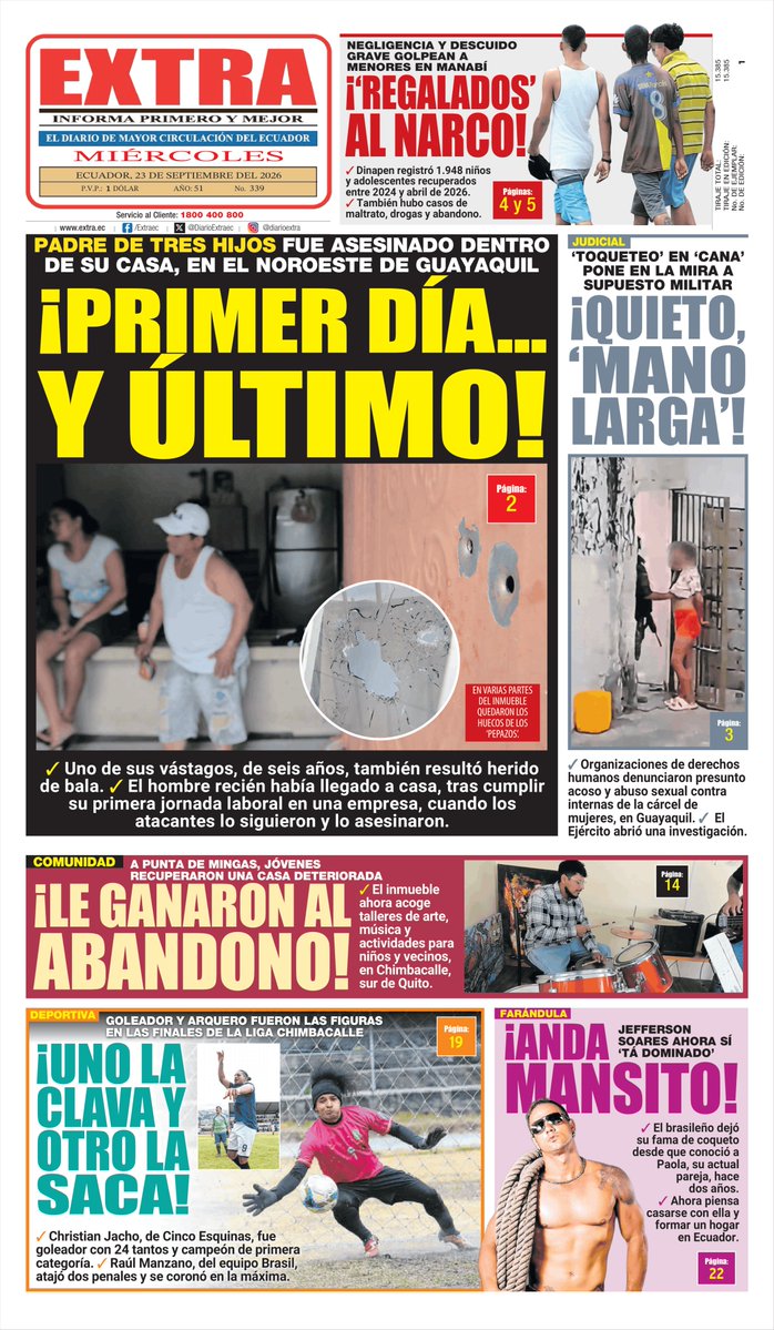 DiarioExtraEc's tweet photo. ☀️ ¡Buen día! Les compartimos la #PortadaEXTRA de este miércoles, 23 de septiembre de 2026. Vuela por tu ejemplar antes de que se acabe, y mira en https://t.co/B6atVw0QGI las noticias 'más pepas' del día. https://t.co/dWuW0pU7fK