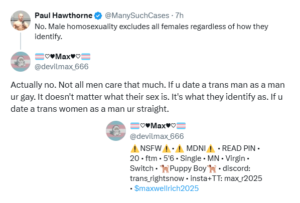 ManySuchCases's tweet photo. Fetish-addled pooner tries womansplaining male homosexuality to a gay man. LMAO! (NSFW profile) https://t.co/fFNIbvKriC