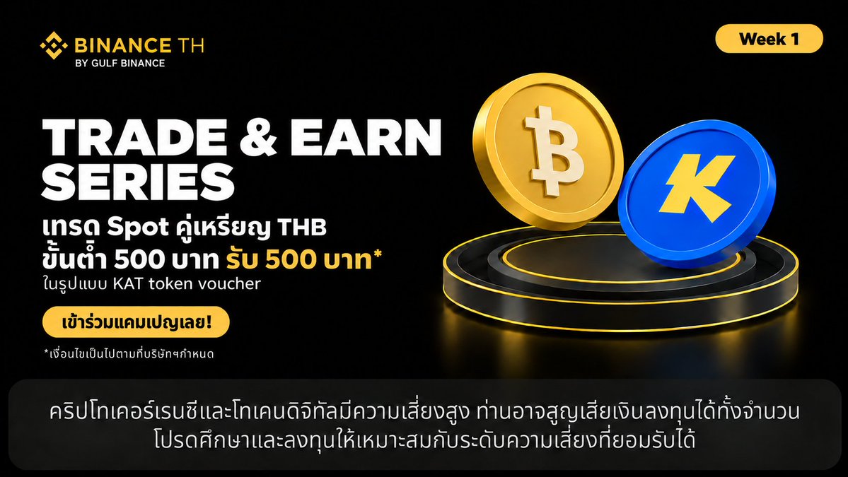 Binance_TH_'s tweet photo. 🚀 BINANCE TH Trade & Earn Series เริ่มแล้ว! 

พบกับแคมเปญใหม่ล่าสุดจาก BINANCE TH
รับรางวัลมูลค่า 500 บาท ในรูปแบบ KAT เมื่อทำยอดเทรดขั้นต่ำ 500 บาท บนคู่เหรียญ THB ผ่าน Spot
จำกัดผู้มีสิทธิ์ได้รับรางวัลรอบละ 500 คน ที่ทำครบตามเงื่อนไขภายในระยะเวลากิจกรรมเท่านั้น

📅 ระยะเวลากิจกรรม: 28 กันยายน 2569 - 2 พฤศจิกายน 2569
รอบที่ 1 : 28 กันยายน 2569 - 4 ตุลาคม 2569
รอบที่ 2 : 7 ตุลาคม 2569 - 13 ตุลาคม 2569
รอบที่ 3 : 16 ตุลาคม 2569 - 22 ตุลาคม 2569
รอบที่ 4 : 27 ตุลาคม 2569 - 2 พฤศจิกายน 2569
ผู้มีสิทธิ์รับรางวัลจะมีสิทธิ์รับรางวัลจำนวน 1 รางวัลตลอดระยะเวลาของกิจกรรม

👉 กดร่วมแคมเปญ แล้วเทรดเลย!
📖 เข้าร่วมแคมเปญได้ที่: https://t.co/NhV9deTKEN

*เงื่อนไขเป็นไปตามที่บริษัทฯ กำหนด

คำเตือน: คริปโทเคอร์เรนซีและโทเคนดิจิทัลมีความเสี่ยงสูง ท่านอาจสูญเสียเงินลงทุนได้ทั้งจำนวน โปรดศึกษาและลงทุนให้เหมาะสมกับระดับความเสี่ยงที่ยอมรับได้

#BinanceTH