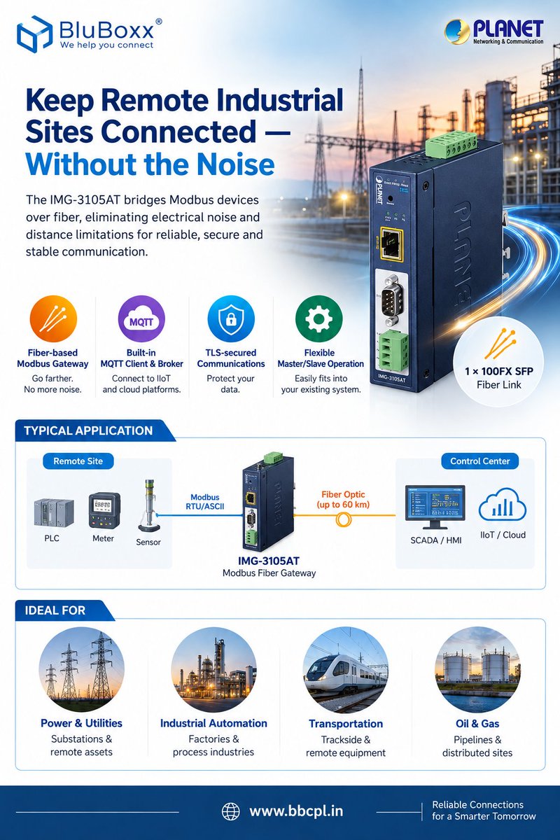 BluBoxx_IND's tweet photo. 🌐Keep Remote Industrial Sites Connected, Without the Noise!⚙️
Meet the IM-3105AT Modbus Fiber Gateway🏭
🔹Fiber-based Modbus communication
🔹1 × 100FX SFP
🔹Built-in MQTT Client & Broker
🔹TLS-secured communication
#BluBoxx #Modbus #IIoT #FiberOptics #IndustrialAutomation https://t.co/vprcmCDpz1