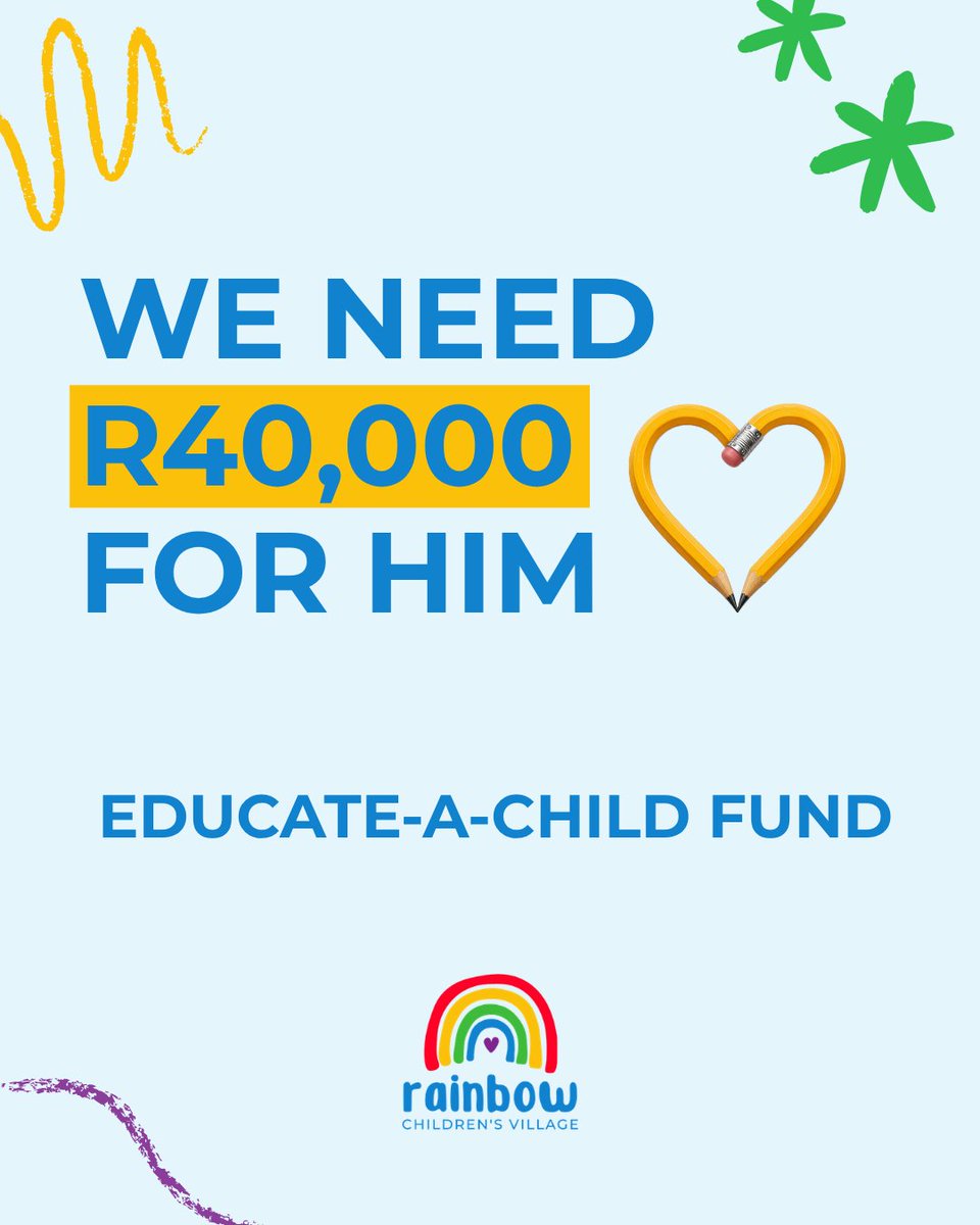 RainbowCV1's tweet photo. Just R40,000 to go to secure Tshepiso's education! 📚✨
Every single donation goes directly toward making this happen for him. Can you help us close the gap today?

#educateachildfund #rainbowchildrensvillage #education #donatetoday https://t.co/EaYW8TUxPR