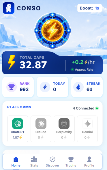 drop10342087's tweet photo. AI is becoming a bigger part of my digital routine every day. ⚡️
With the @conso_xyz Extension, I can keep track of my AI activity and get a clearer picture of how I use these tools.
Interesting to see the journey behind the prompts. 🚀
#Conso #AI #AIUsage #ConsoExtensio https://t.co/Lf8ldFS8gj