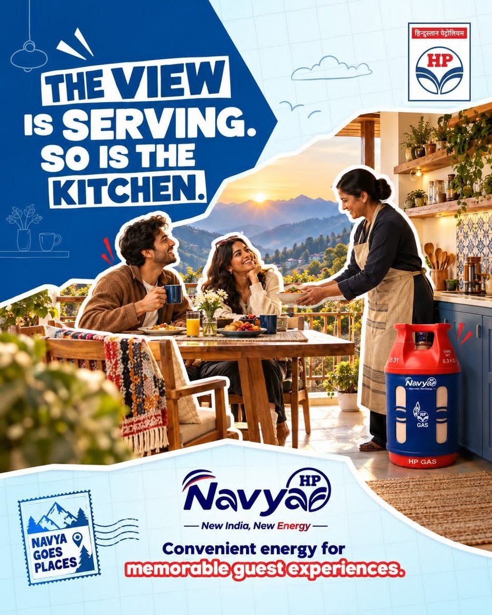 HpclLpgMahul's tweet photo. 🏔️ The view is serving. So is the kitchen! 🍽️✨From breathtaking mountain mornings to comforting home-cooked meals, every memorable getaway deserves a little convenience.With HP Navya, homestays can bring modern cooking energy to the heart of their guests’ experience. https://t.co/uo808Dwunj