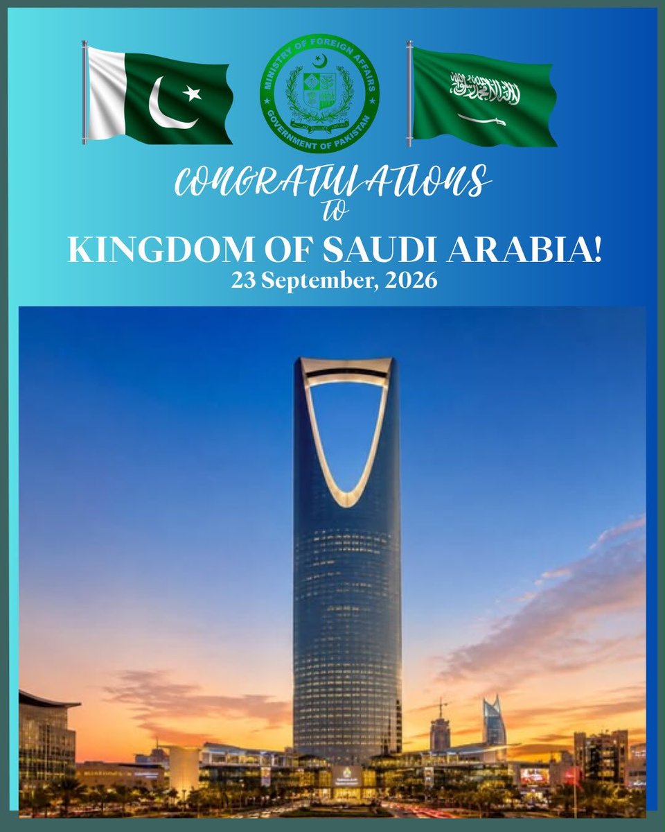 ForeignOfficePk's tweet photo. 🇵🇰🤝🇸🇦 Heartiest Congratulations to the brotherly people of the Kingdom of Saudi Arabia on their National Day. We wish the Kingdom continued peace, prosperity and progress under the wise leadership. 

Pakistan and Saudi Arabia share enduring bonds of faith, history and fraternity, which continue to grow from strength to strength.

Happy National Day! 🇸🇦

@KSAMOFA
@PakinSaudiArab
