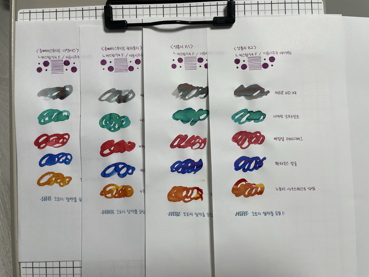 ASDF121188's tweet photo. 예전에 타바 직구 종이 발색비교했던 게 갑자기 생각났다
올빼미스튜디오 디앤서스, 올빼미스튜디오 광과율지, 성홍지 r1, 성홍지 r2. https://t.co/FfvPwnaxsW