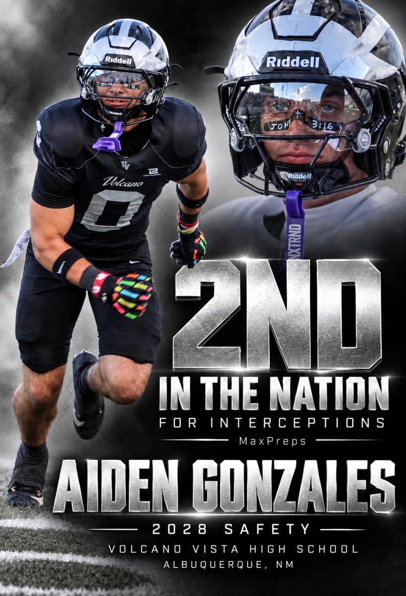 vvhsfootball's tweet photo. 🚨 NATIONAL LEADER ALERT 🚨

Volcano Vista’s own Aiden Gonzales is currently #2 IN THE NATION in interceptions! 🏈🔒

A proven athlete with elite instincts, vision and playmaking ability. When the ball is in the air, Aiden goes and gets it!

COACHES—remember the name. 👀🔥

#GATA https://t.co/Y79ZkVm6JQ