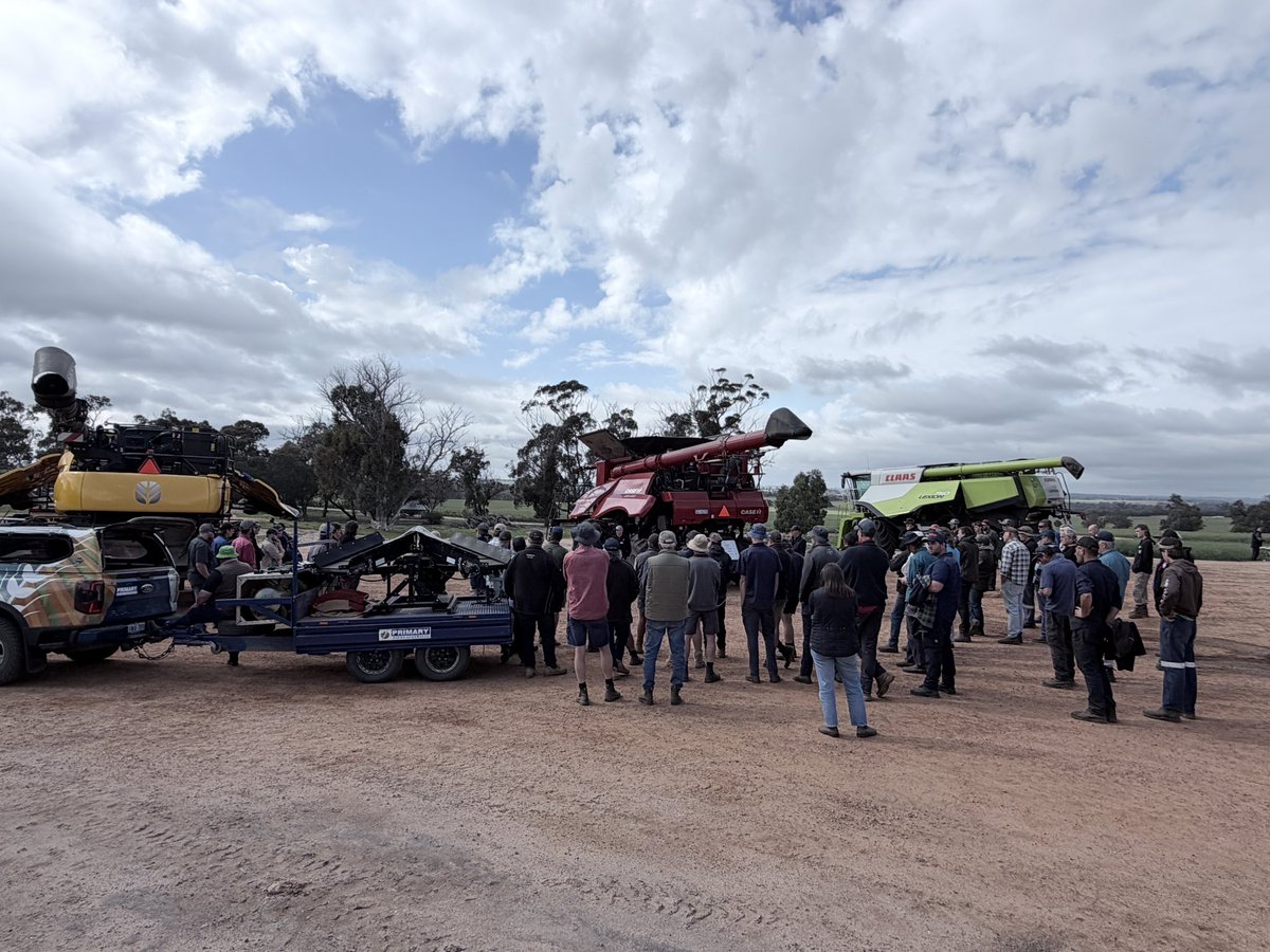 DirtSouthern's tweet photo. Great turnout at the Hall's farm in Carrolup for our GRDC Harvester Set-Up Workshop with @FaceyGroup and Primary Sales Australia. Seeder workshops coming Feb 2027, dates TBC. #HarvesterSetup #HWSC #GRDC #WAAgriculture https://t.co/8uvU7n72V9
