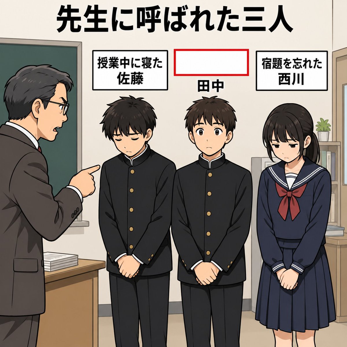 Ogiribot's tweet photo. 【お題】
先生に呼ばれた三人 https://t.co/i0eWZMKPEW
