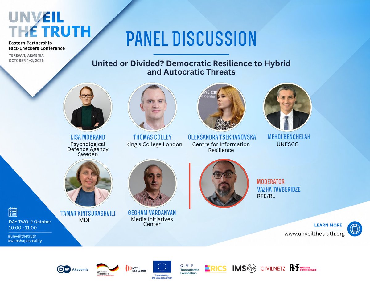 MythDetector's tweet photo. 🤝 United or Divided? At #UnveilTheTruth, experts will discuss hybrid threats, psychological defence, information resilience and democratic backsliding — and how external interference and domestic pressure can reinforce each other. 🔎 https://t.co/pm6jocFZ2e https://t.co/avccnMaJmp