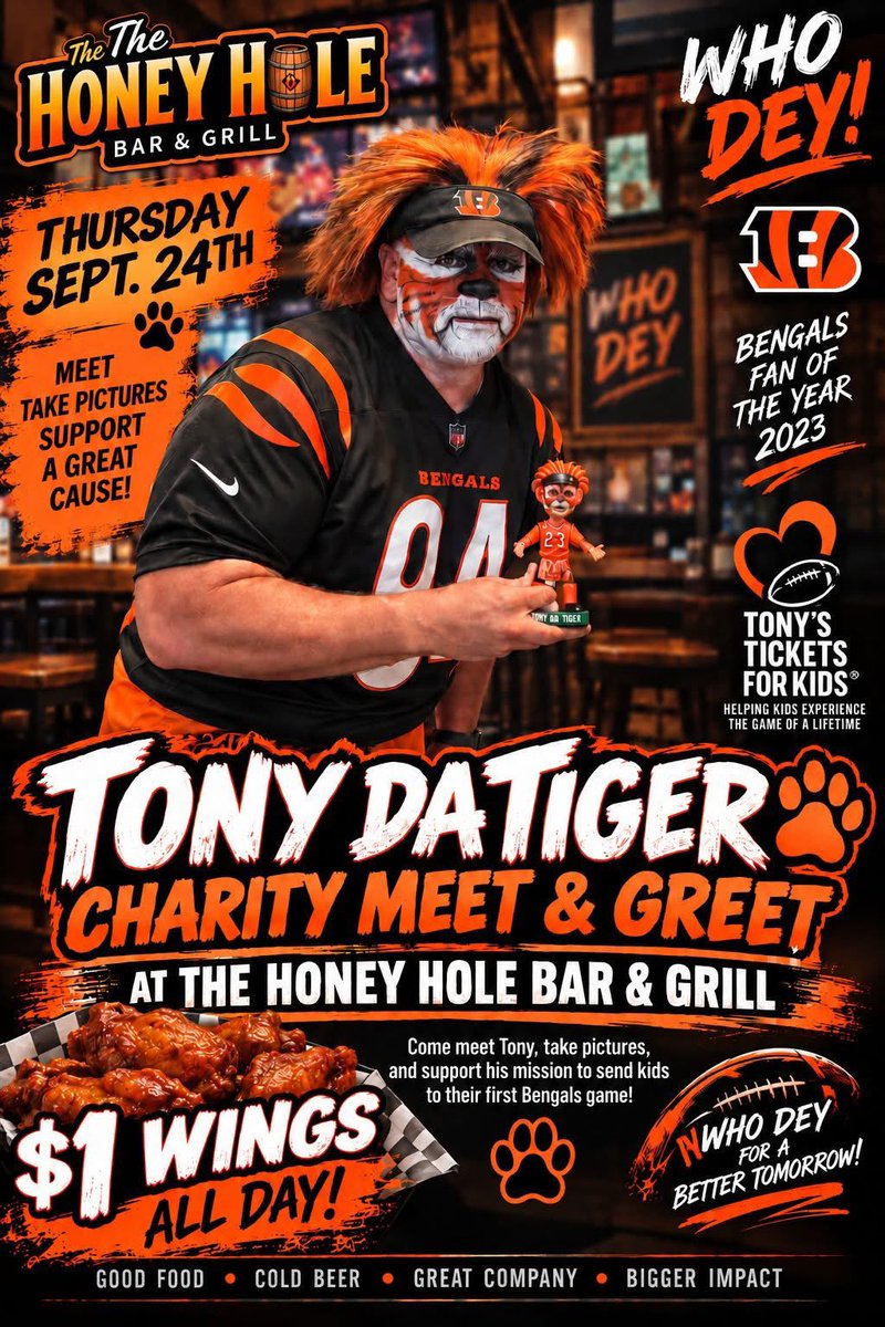 TonyDaTiger96's tweet photo. 📣 I have been on a mission to raise money for charity, and this Thursday night we're rallying to complete the mission!
Join us from 5:30 PM to 9:00 PM for a fun-filled evening featuring: 
🎁 Door prizes 🍗 $1 wings 🍺 Ice-cold beer 🎟️ A chance to win Bengals tickets!
I will also have my limited-edition bobbleheads available for purchase, with 100% of the proceeds benefiting Madi's House and Tony's Tickets for Kids.
Come out, hang with fellow Bengals fans, support two amazing causes, and help us make a difference in the community.
WHO DEY! 🖤🧡