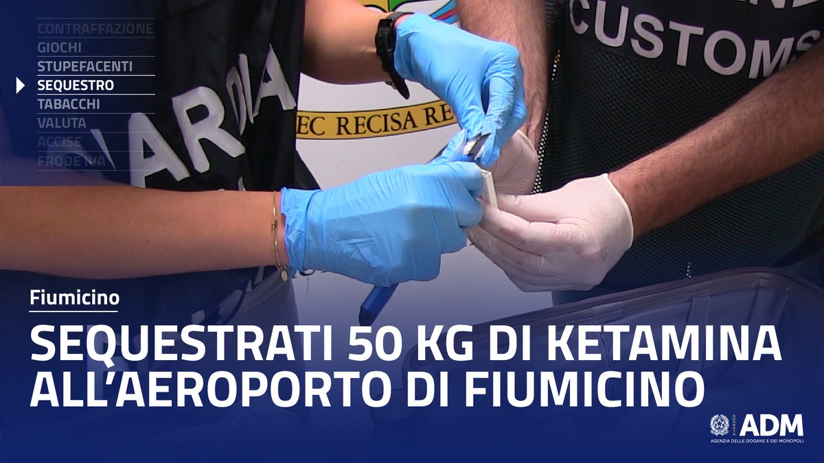 AdmGov's tweet photo. Sequestrati da #ADMgov e @GDF 50 kg di Ketamina all’aeroporto di Fiumicino, con stima di profitti illeciti tra i 3 e i 4 milioni di euro
https://t.co/BMz0BMhC94 https://t.co/fsuqFr3325