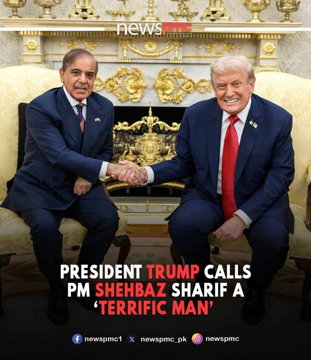 newspmc_pk's tweet photo. US President Donald Trump called Prime Minister Shehbaz Sharif a “terrific man” during his address to the United Nations General Assembly (UNGA) as he once again mentioned his role in ending the Pakistan-India conflict in May 2025.

#NewsPMC #DonaldTrump #ShehbazSharif #Pakistan https://t.co/0HZT3cRMTH