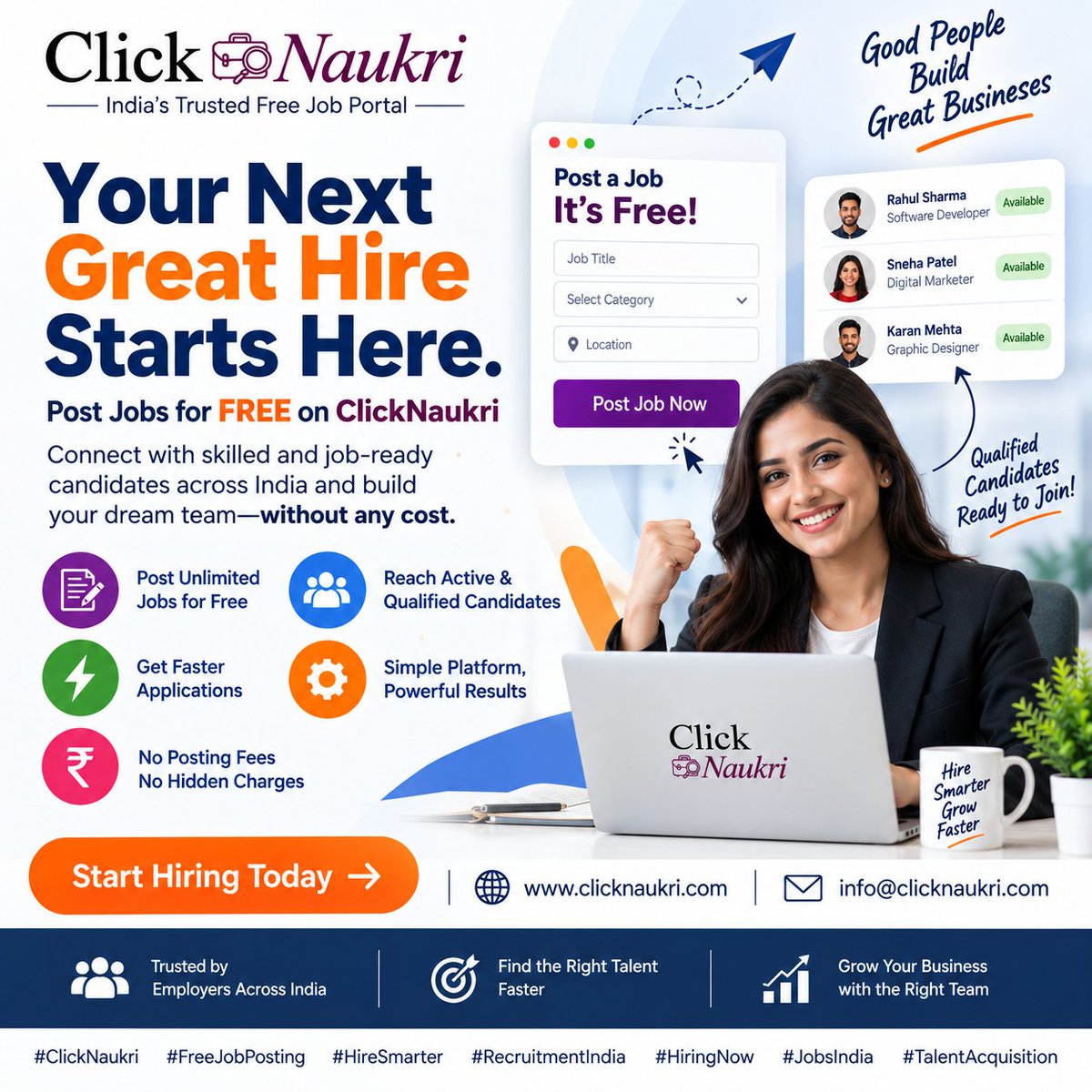 ClickNaukri's tweet photo. ✨ Your Next Great Hire Starts Here! 🚀

Finding skilled talent doesn't have to be expensive. With ClickNaukri, employers can post unlimited jobs for free and connect with active, qualified, job-ready candidates across India.
👉 Start hiring today: https://t.co/fLy15trnOF https://t.co/1mCrMn7Kst